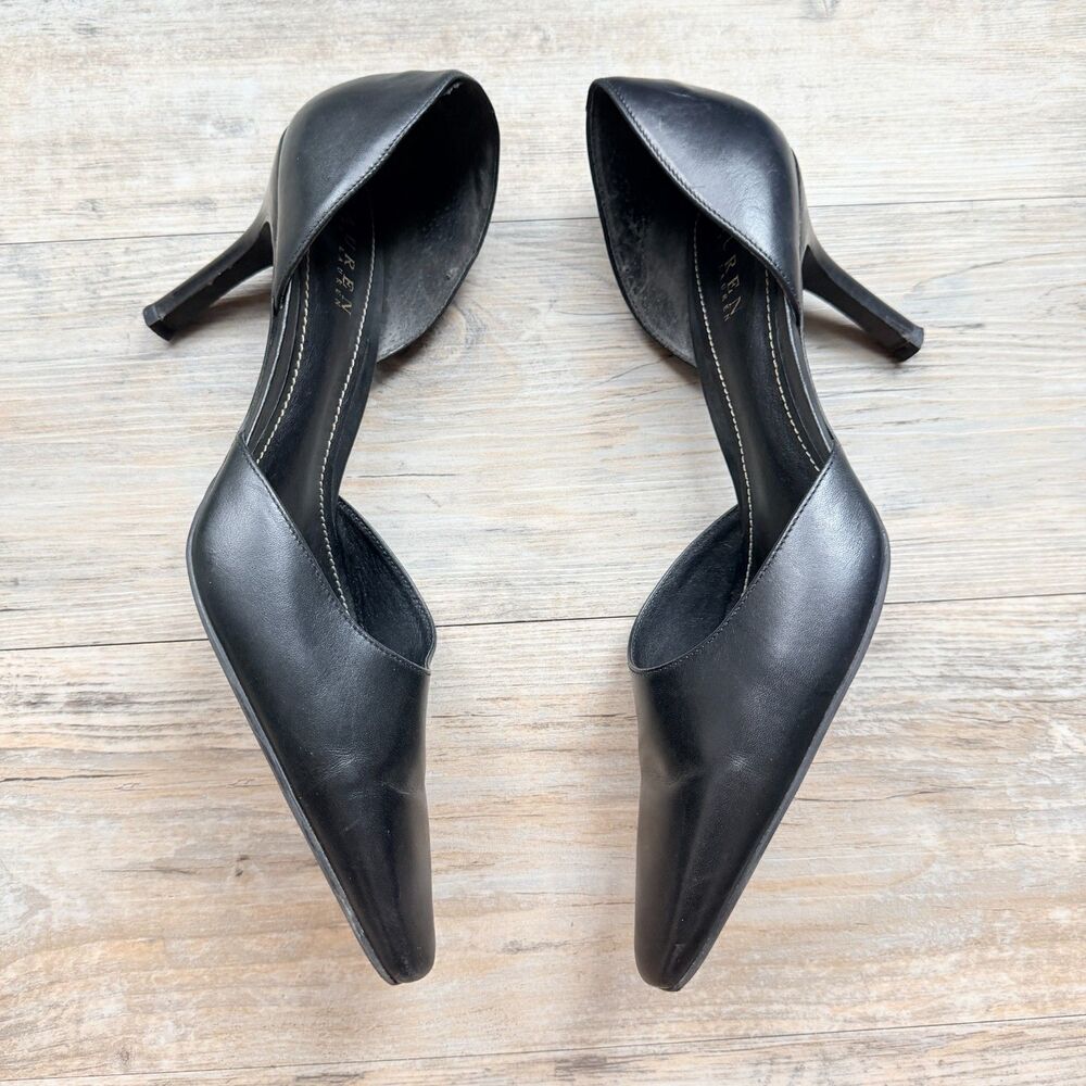 Y2K Ralph Lauren Calise Black Leather D'Orsay Pointed Toe Pumps Heels Women's 10